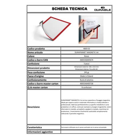 Cornici con pannello magnetico DURABLE DURAFRAME® MAGNETIC A4 PPL rigido rosso 236x323 mm  conf. 5 - 486903